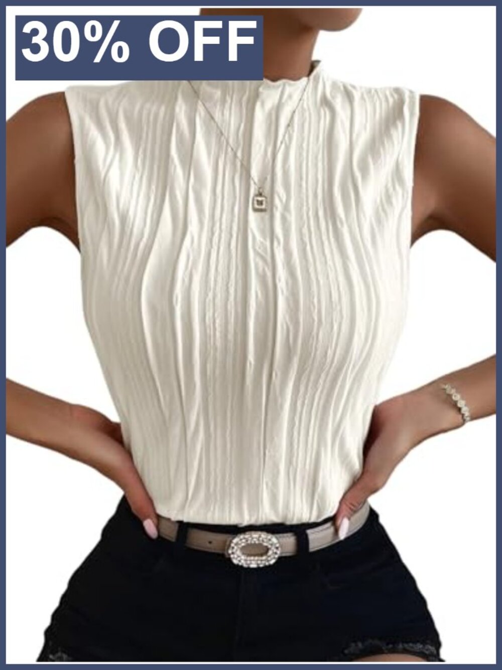 Mock Neck Textured Sleeveless Tank Top Business Office Outfit